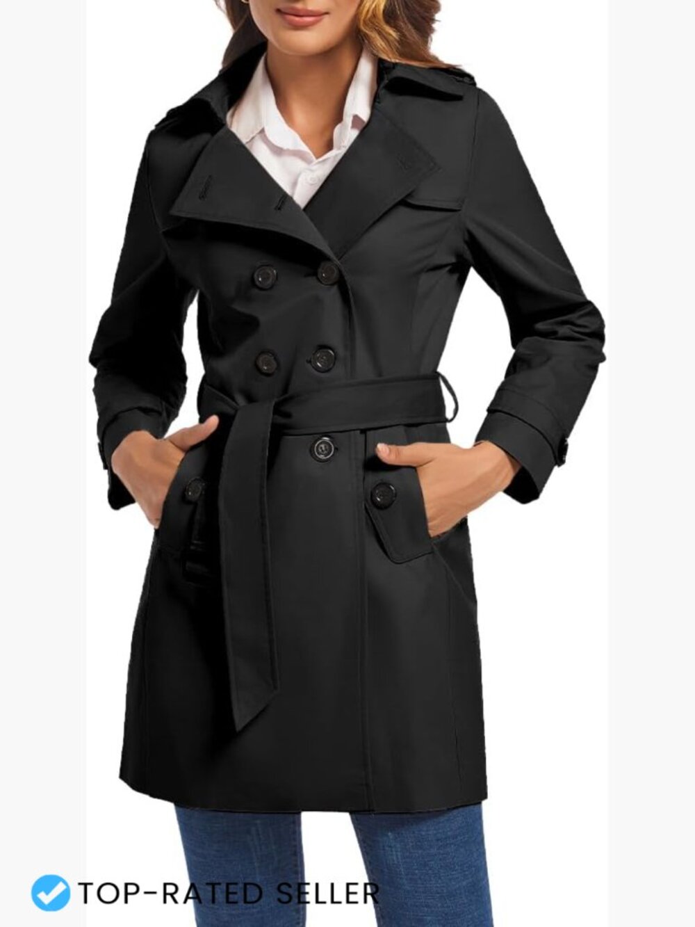Classic Double Breasted Trench Coat Water Resistant Belted Long Overcoat